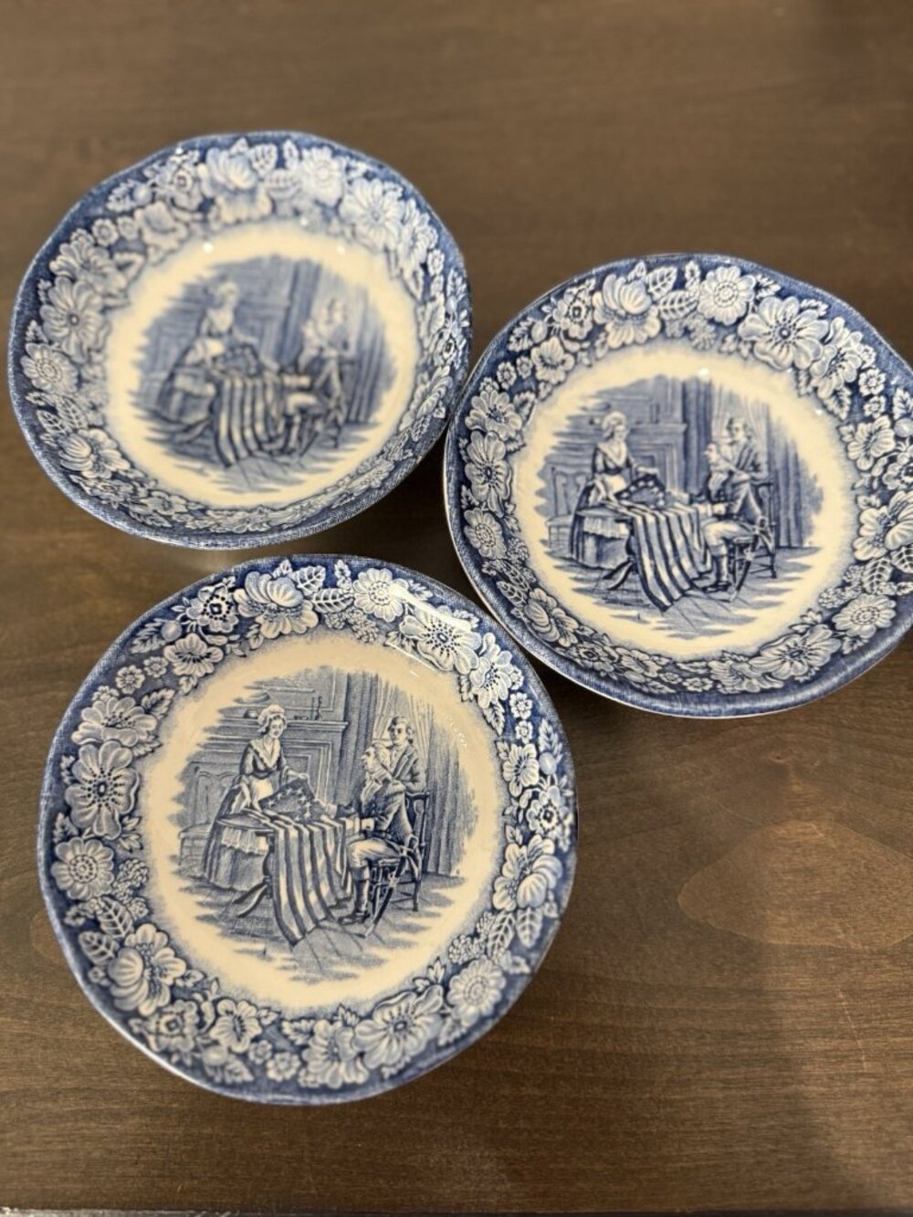 Vintage Liberty Blue Betsy Ross Berry Bowls Made in England Blue & White 5”